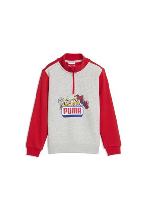 Børne langærmet sweatshirt med røde ærmer, grå krop, halv lynlås og farverigt Puma-logo med tegneseriefigurer foran.