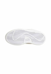 Suola di sneaker bianca con motivo a spina di pesce, caratterizzata da un logo centrale e una superficie testurizzata per la trazione. Design liscio, senza lacci visibili.