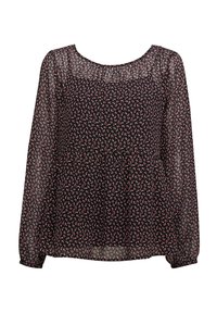 Blusa nera trasparente con un motivo floreale in rosso e bianco, maniche lunghe, scollatura rotonda e polsini elasticizzati. Presenta una vestibilità ampia.