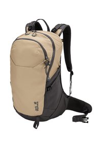 Sac à dos de randonnée Jack Wolfskin beige et noir avec plusieurs compartiments zippés et bretelles rembourrées aux épaules et à la taille.