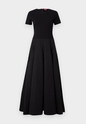 Vestido maxi negro con un corsé ajustado y mangas cortas, que presenta una falda acampanada. Confeccionado con una tela suave y cuenta con una cremallera oculta en la parte posterior.