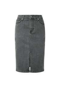 Donkere grijze denim rok, tot op de knie, met een voorpand-split, ontwerp met vijf zakken en klassieke knoopsluiting. Zachte, gestructureerde stofafwerking.