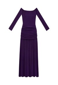 Robe longue violette avec manches longues, encolure carrée et détail de tissu froncé autour de la taille.