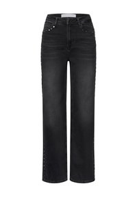 Jeans negros de talle alto y pierna amplia con una textura suave, que presentan tachuelas decorativas a lo largo de las costuras laterales y un clásico diseño de cinco bolsillos.