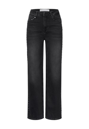 Jeans noirs taille haute et larges avec une texture lisse, ornés de rivets décoratifs le long des coutures latérales et d'un design classique à cinq poches.