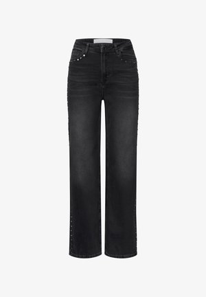 Czarne dżinsy z wysokim stanem i szerokimi nogawkami o gładkiej fakturze, z dekoracyjnymi ćwiekami wzdłuż szwów bocznych oraz klasycznym pięciopocketowym wzorem.