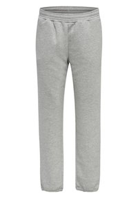 Grå joggingbukser lavet af blødt materiale, med snøre i taljen, elastiske manchetter og sidelommer. Glat tekstur og enkelt design.