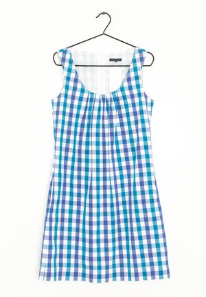 Abito senza maniche con scollo rotondo, caratterizzato da un motivo check blu e bianco. Realizzato in tessuto leggero con dettagli arricciati sul corpino.