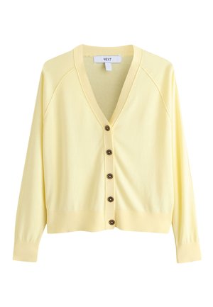 Cardigan jaune clair col en V avec manches longues et cinq boutons marron sur le devant, en tissu tricoté doux.