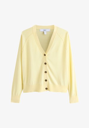 Cardigan jaune clair col en V avec manches longues et cinq boutons marron sur le devant, en tissu tricoté doux.