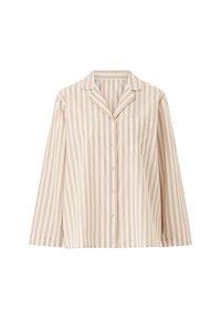 Gestreepte pyjamashirt in beige en crème, gemaakt van lichte stof. Heeft een kraag, knoopsluiting aan de voorkant en een enkele borstzak.