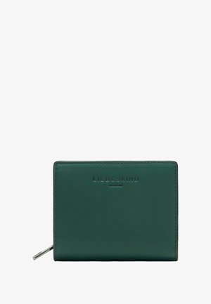 Dunkelgrüne Lederbrieftasche mit glatter Textur, geprägt mit dem "LIEBESKIND BERLIN"-Logo und einer silbernen Reißverschlussverzierung.