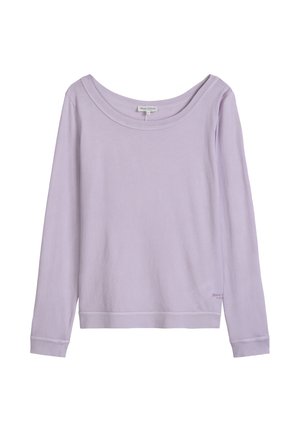 Chemise lavande à manches longues avec un large col rond et un subtil logo Marc O'Polo près de l'ourlet, présentée sur un fond blanc.