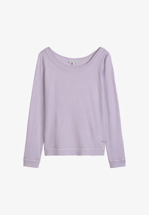 Chemise lavande à manches longues avec un large col rond et un subtil logo Marc O'Polo près de l'ourlet, présentée sur un fond blanc.