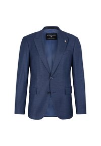 Blazer con fantasia navy realizzato in un tessuto strutturato, dotato di chiusura a due bottoni, rever a punta e due tasche frontali. Interno foderato.