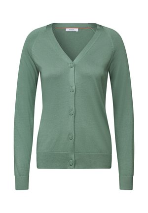 Grøn strikket cardigan med v-hals, lange ærmer og seks knapper foran. Glat overflade og ribbede manchetter.