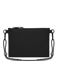 Fekete nylon keresztpántos táska cipzárral, állítható zsinóros pántokkal és szürke fém kiegészítőkkel. Simas texture, minimalista dizájn.