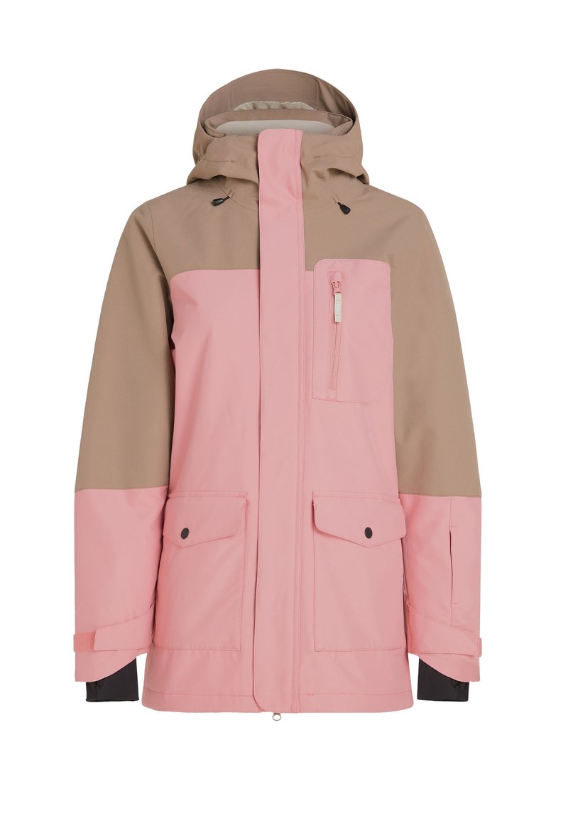 Waterdichte jas in roze en beige. Bevat een capuchon, een ritssluiting aan de voorkant, een borstzak en twee onderzakken. Glad oppervlak met verstelbare manchetten.