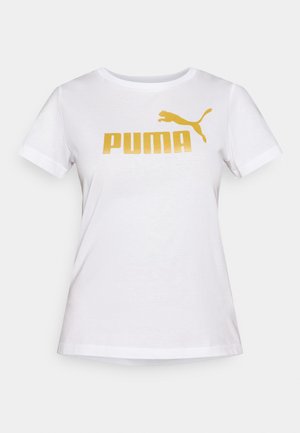 Puma LOGO  - Print T-shirt - white/metallic gold-coloured