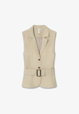 Beez värvi ilma varrukateta bleiser, millel on krae, kaks pruuni nööpi, sobiv kangast vöö ristkülikukujulise pandlaga ja kumer äär.