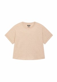 T-shirt corto a maniche corte di un beige chiaro, realizzato in tessuto morbido, con scollatura rotonda e vestibilità rilassata, dotato di un orlo leggermente accorciato.