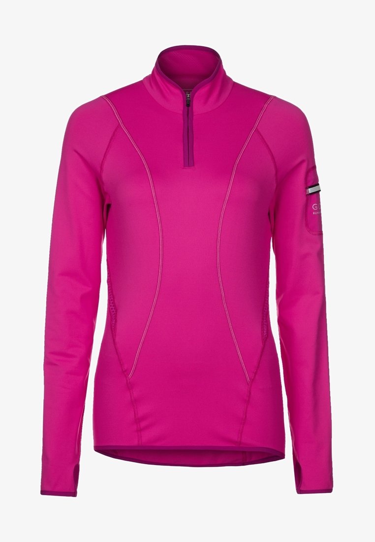 Fuchsia long-sleeve top with a half-zip collar, featuring seam detailing and a logo patch on the sleeve, made from a stretchy material.