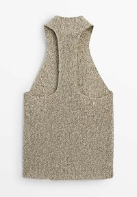 Strickschlauchoberteil ohne Ärmel in einem hellbeigen Farbton mit einem strukturierten Muster, das einen hohen Kragen und offene Armausschnitte für eine lockere Passform bietet.