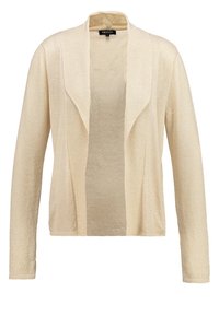 Ljus beige kofta med en mjuk textur, öppen fram, och långa ärmar. Har en draperad krage och subtila mönstervariationer i tyget.