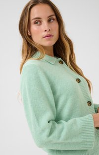 Světle zelený pletený cardigan s límečkem, který má dřevěné knoflíky, žebrované manžety a měkkou texturu. Zobrazuje boční profil s rozpuštěnými vlasy.