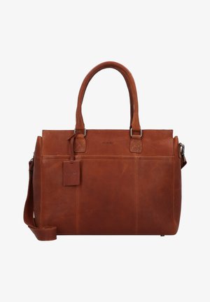 Sac à main en cuir marron avec deux poignées supérieures et une bandoulière amovible. Il présente une texture subtile, une étiquette avec le logo et un design minimaliste.