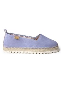 Espadrillas slip-on in pelle scamosciata di colore viola chiaro, con suola in juta intrecciata e un accento a righe colorate lungo il bordo interno. Include un piccolo etichetta con il logo.