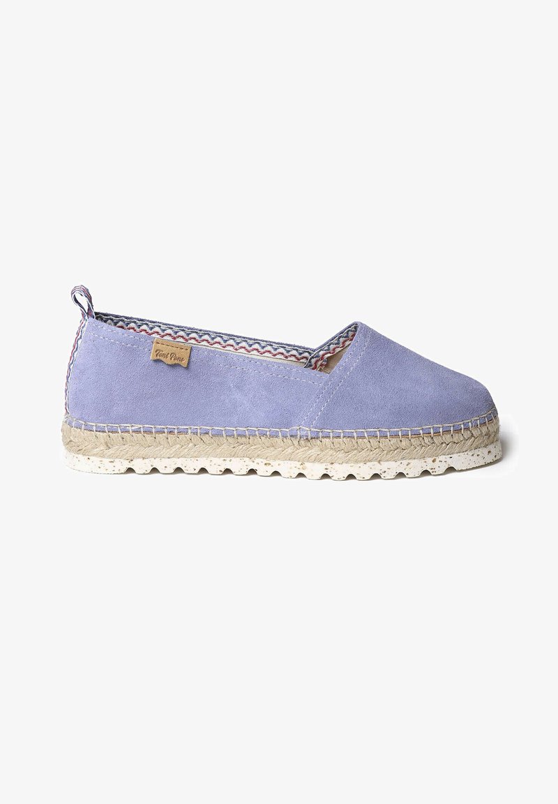 Light purple suede espadrille slip-on with a braided jute sole and colorful striped accent along the interior edge. Includes a small logo tag.