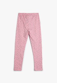 Pink leggings with elastic waistband, featuring silver heart and star patterns across the fabric. Soft, stretchy material for comfort.