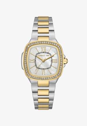 Reloj Cerruti 1881 con un dial cuadrado de nácar, números romanos, acentos en oro, pulsera de metal plateado y dorado, y un bisel incrustado de cristales.