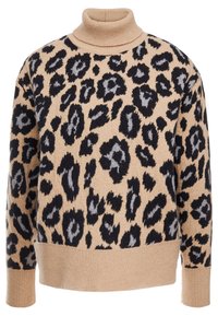 Suéter de cuello alto beige con patrón de leopardo negro y gris, con un cuello y puños acanalados. Textura de punto suave.