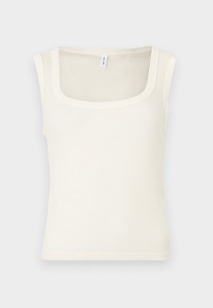 Κρεμ μπεζ αμάνικο τοπ με τετράγωνη λαιμόκοψη, ριμπ υφή και εφαρμοστή σχεδίαση. Ομαλό ύφασμα με καθαρές, ευθείες άκρες.