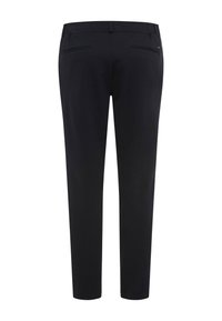 Zwarte broek met een gladde stofstructuur, een slanke pasvorm, twee achterzakken en een tailleband met riemlussen.