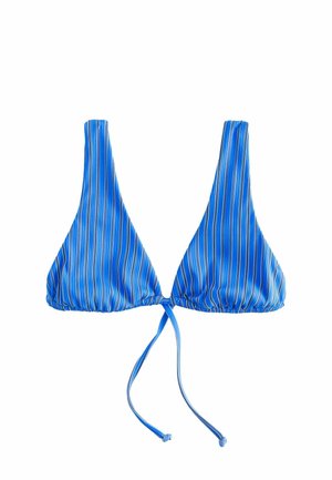 Blue and white vertically striped triangle bikini top with adjustable tie closure at the front center.