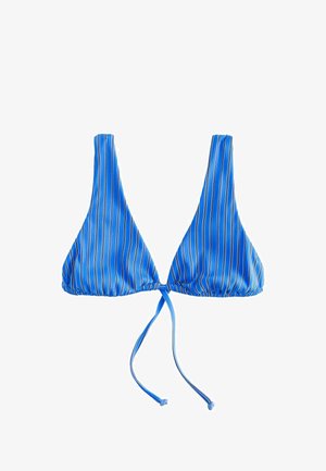 Sinine ja valge vertikaalsete triipudega kolmnurkne bikiinitop, ees keskel reguleeritava sõlmitava kinnitusega.