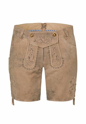 Lederhosen in Hellbraun mit floralem Stickerei, Fronttaschen, zwei Knöpfen und einem Spitzenverschluss. Verfügt über eine strukturierte Oberfläche und seitliche Bänder.