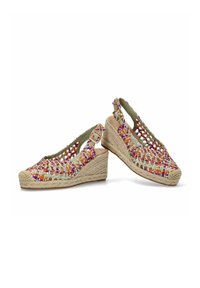 Zapatos slingback de cuña tejida con parte superior de textil multicolor, suela de yute beige y cierre de hebilla. Punta abierta con un acabado texturizado.