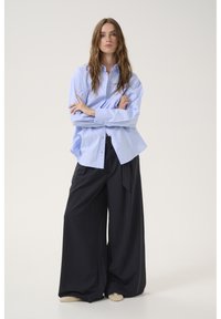 Light blue striped button-up shirt paired with black pinstriped wide-leg pants. The pants feature a tied detail at the waist.