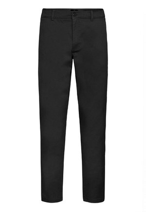 Black cotton chinos with a straight-cut design, featuring a front button closure, belt loops, and side pockets. Smooth texture, no patterns.