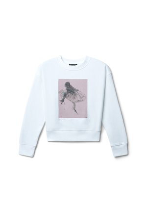Felpa bianca accorciata con una grafica di un ballerino su uno sfondo rosa. Il materiale è un morbido misto cotone con polsini e orlo a coste.
