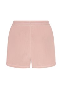 Fleece shorts in zacht roze met een elastische tailleband. Heeft een gladde textuur en korte, afgeronde zomen voor comfort en bewegingsgemak.