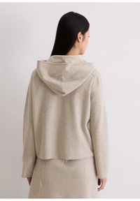Beige hoodie met lange mouwen en een ontspannen pasvorm. Zachte textuur en een minimalistisch ontwerp. Gezien vanaf de achterkant, gecombineerd met een bijpassende rok.