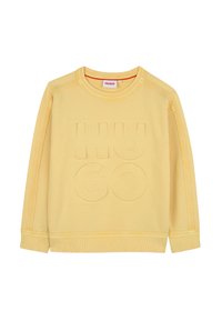 Sudadera de algodón amarilla con logo "HUGO" estampado en relieve, cuello redondo acanalado y detalles cosidos a lo largo de las mangas y el dobladillo.