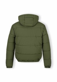 Grüne Pufferjacke mit Kapuze, vertikalen Nähten, elastischen Bündchen und taillierter Passform. Das Material wirkt glatt und isoliert.
