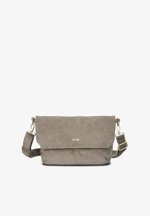 Borsa a spalla in velluto a coste marrone con pattina, dotata di accessori in oro, superficie texture e tracolla regolabile. Design elegante e compatto.