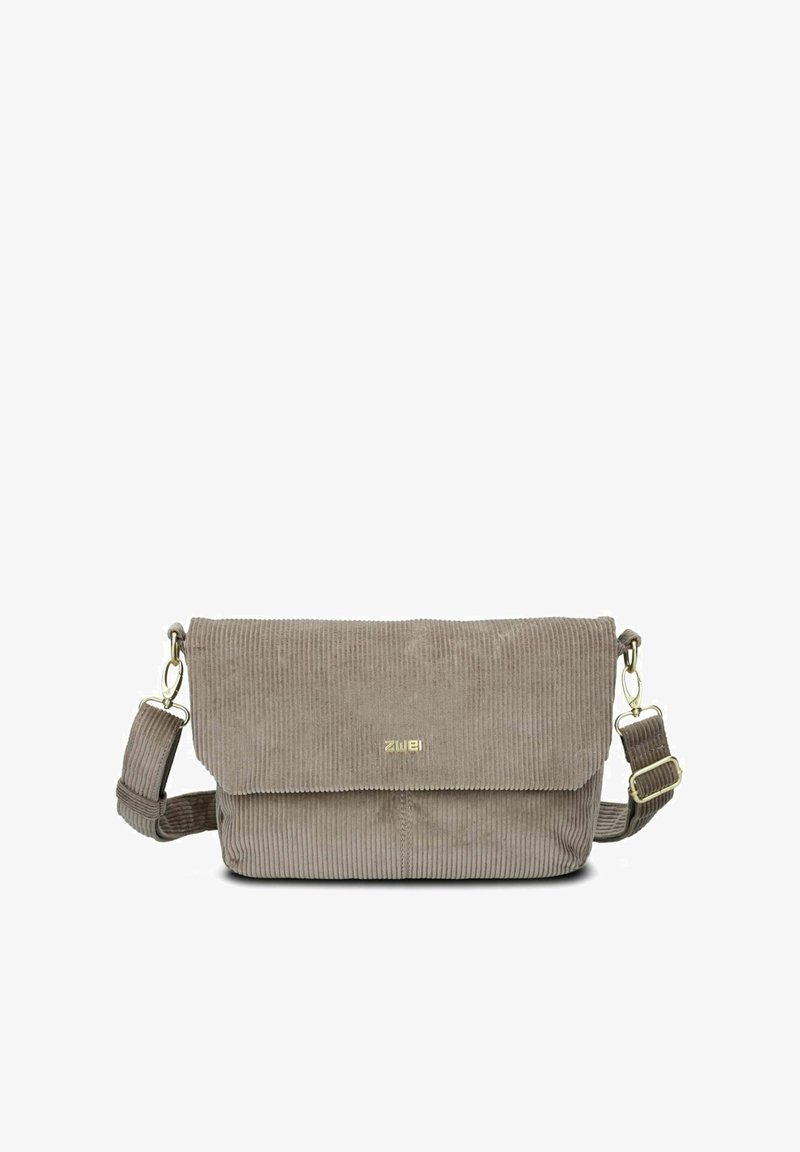 Brown corduroy shoulder bag with a flap, featuring gold hardware, a textured surface, and an adjustable strap. Elegant and compact design.